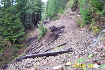 After: A combination of endhauling and in-place outsloping have been used to decommission this unstable road reach