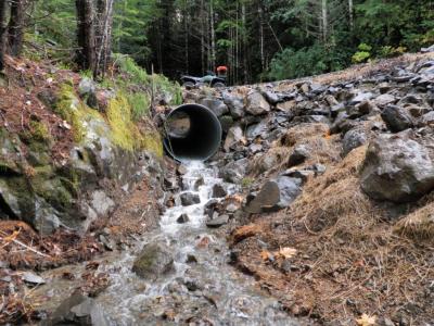 After: A properly sized culvert is installed at the natural channel grade, minimizing the volume of fill in the crossing