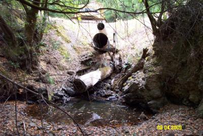 Before: Primary stream crossing culvert is undersized and set too high in the fill, creating a barrier to upstream fish passage.