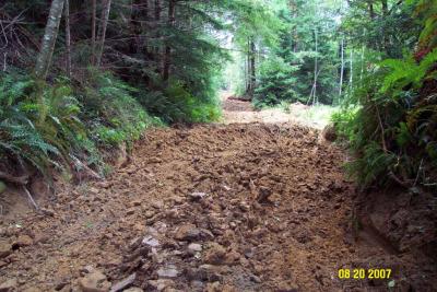 After: The road bed has been hydraulically ripped to decompact the soil, improving infiltration and speeding revegetation